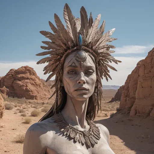 Prompt: a woman with a feather headdress in the desert with a sky background and a rock formation in the background