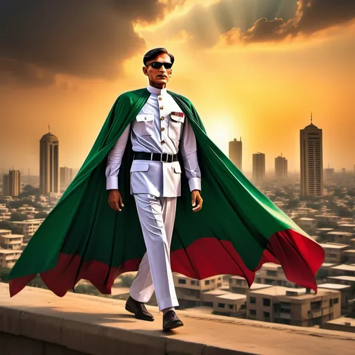 Prompt: (Quaid e Azam in superhero uniform), Karachi skyline at sunset, vibrant colors with dramatic lighting, heroic pose, dynamic cape fluttering in the wind, reflecting strength and leadership, detailed facial expression exuding confidence, modern city background bustling with life, ultra-detailed, cinematic composition, symbol of hope and resilience.