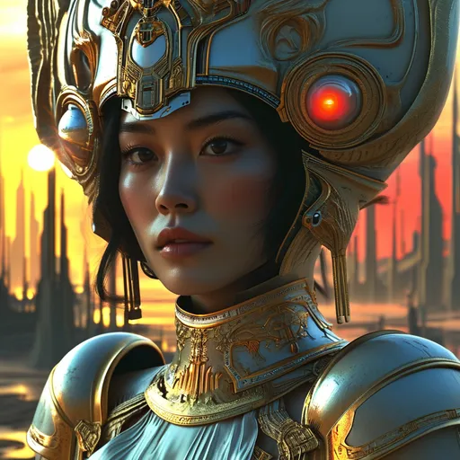 Prompt: (central content: petite woman with Asian features), the far future Queen of Mars, majestic golden regalia, intricate futuristic armor, Martian landscape in the background, glowing cities, otherworldly atmosphere, cool-toned color palette with vibrant reds and oranges, ethereal lighting, high detail, captivating and serine ambiance, ultra-detailed and high quality, commanding presence that embodies grace and strength.