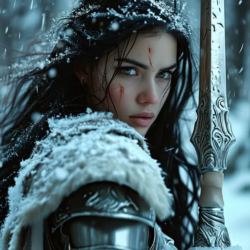 Prompt: (tall female warrior), (intense powerful gaze), black almond eyes, flowing black hair, (heroic stance), gripping a gleaming spear, (radiant shining silver armor), (wintry scene), surrounded by glistening snowflakes, illuminating full moon, (high detail), ethereal lighting creating dramatic shadows, enchanting atmosphere, beautifully textured icy landscape, ultra-realistic render, (HD).