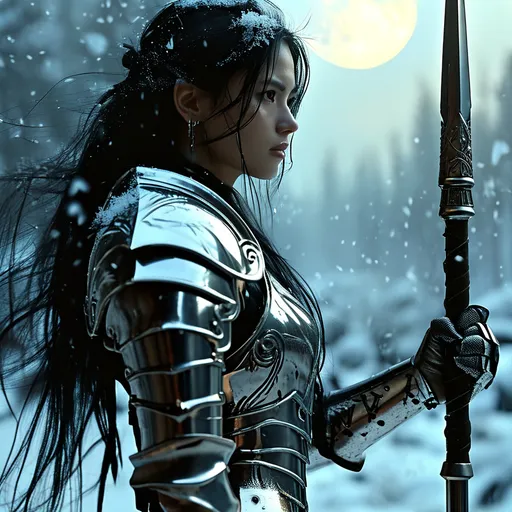 Prompt: (tall female warrior), black hair, powerful stance, gripping a spear, shining silver armor, intricate details, (winter scene), glistening snow, luminous full moon illuminating the landscape, crisp cool tones, dramatic shadows, ethereal atmosphere, high detail, (HD), conveying strength and determination, soft glows reflecting off the armor, serene yet fierce ambiance.