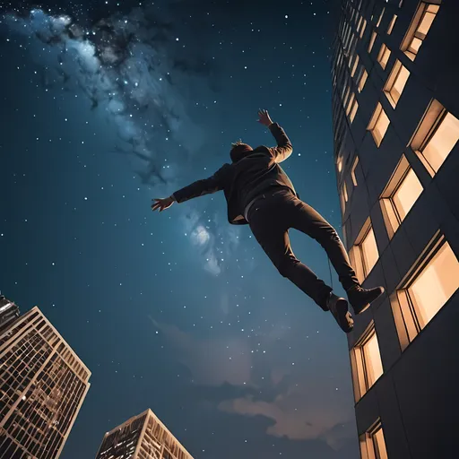 Prompt: guy falling down from a tall skyscraper building, beautiful and starry night sky in the background. Busy city underneath 