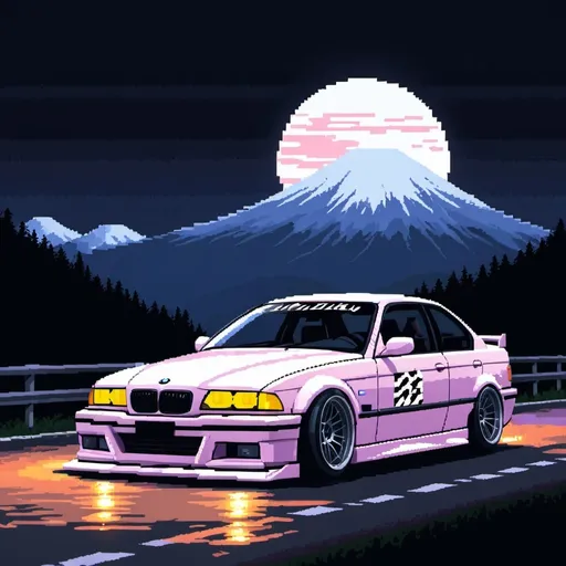 Prompt: Pixel art bmw e36 drifting night japan Mountain 