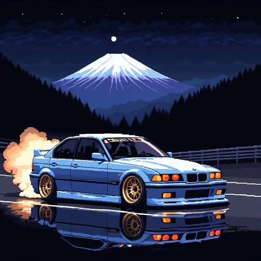 Prompt: Pixel art bmw e36 drifting night japan Mountain 