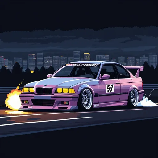 Prompt: Pixel art bmw e36 drifting night
