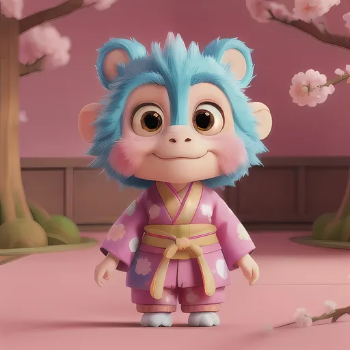 Prompt: <mymodel>Cute monkey in Japanese attire, pastel pink and blue, traditional kimono, detailed fur, playful expression, vibrant colors, anime, highres, detailed eyes, cherry blossom background, soft and warm lighting, Kawaii 3D