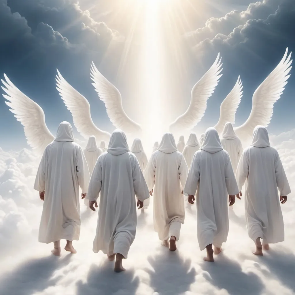 Prompt: A group of white bright good souls on a journey to heaven 