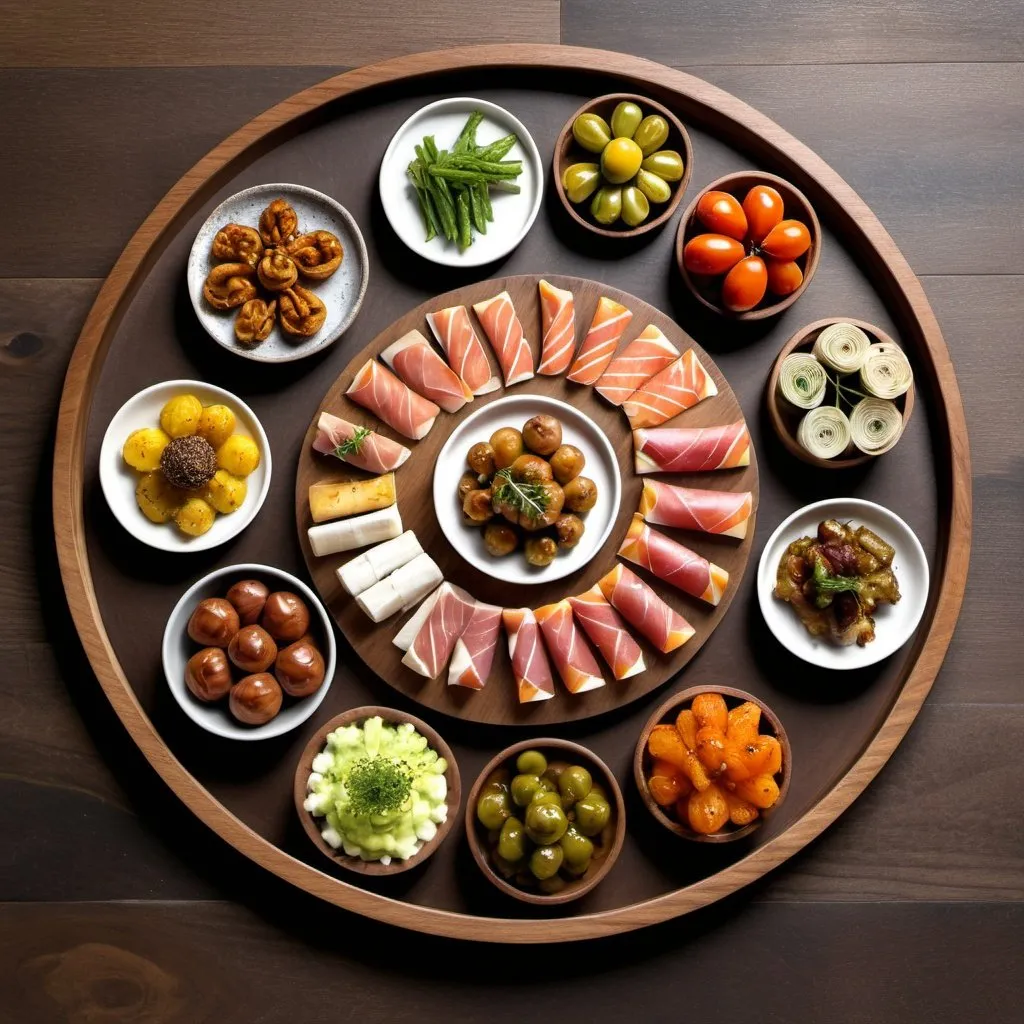 Prompt: tapas on round solid walnut tray 