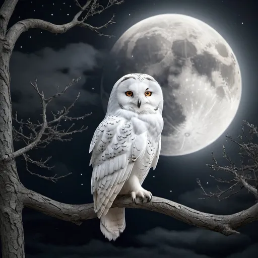 Prompt: a beautiful white owl sitting on a mystical looking branch at night during a full moon
