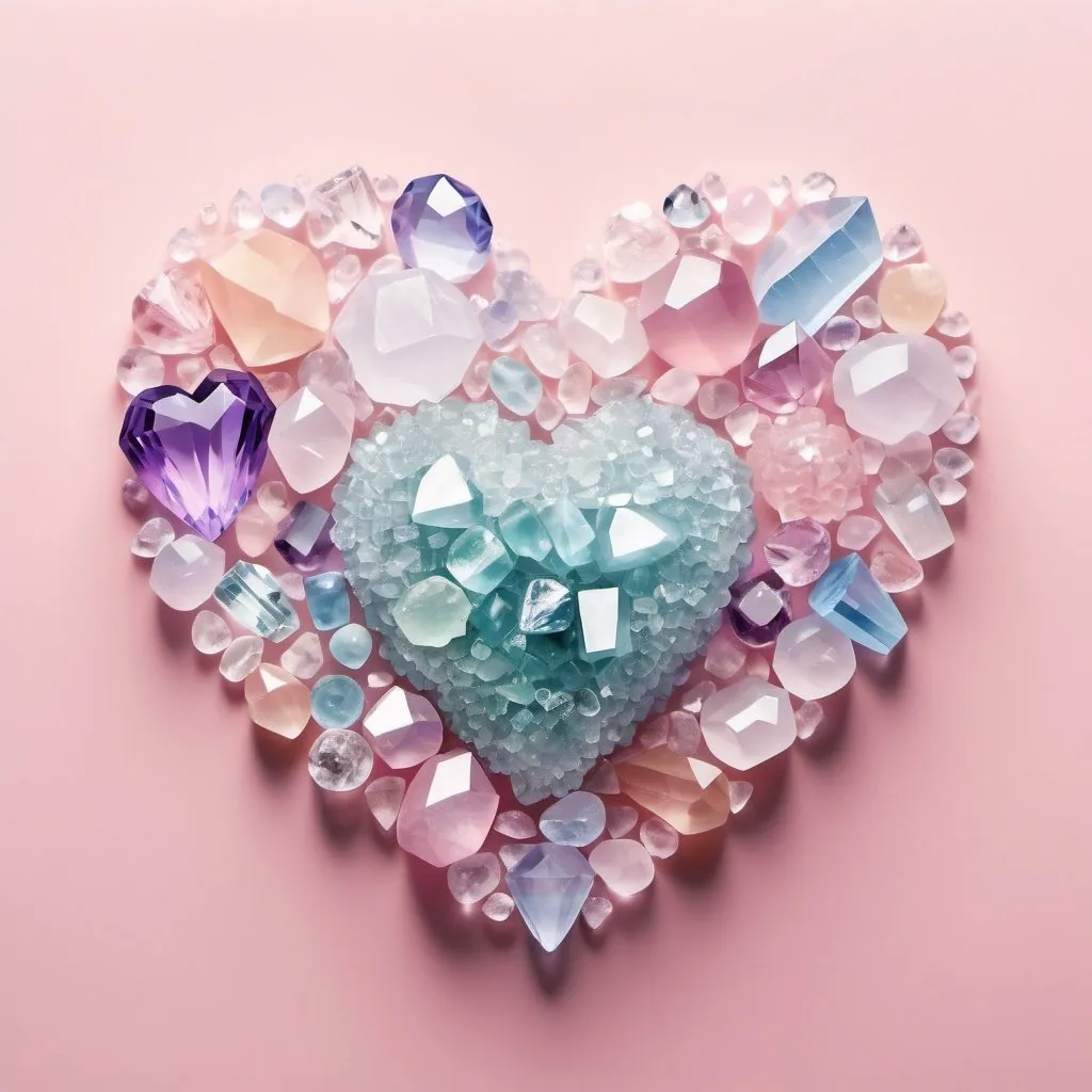 Prompt: soft focus, pastel illustration of a heart made out of various types of crystals

