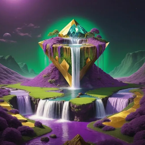 Prompt: landscape on planet of wealth, surrealistic, in purple, green and gold colour, diamond shape in a middle and waterfall 
