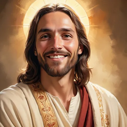 Prompt: Smiling Jesus, digital painting, detailed robe, serene background, classic art style, warm color tones, soft lighting, peaceful expression, gentle smile, traditional, serene atmosphere, high quality, detailed, classic, warm tones, gentle lighting