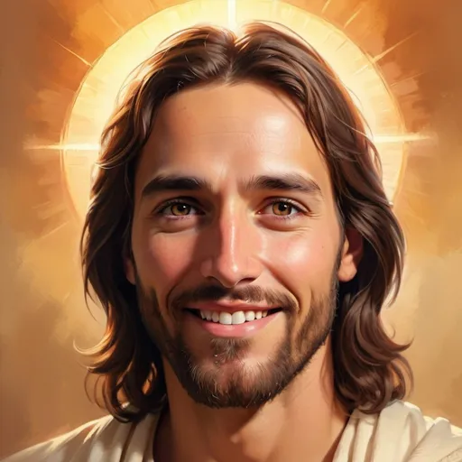 Prompt: Smiling Jesus, digital painting, serene background, warm hues, soft lighting, peaceful ambiance, high quality, detailed facial features, classic art style, warm tones, comforting aura