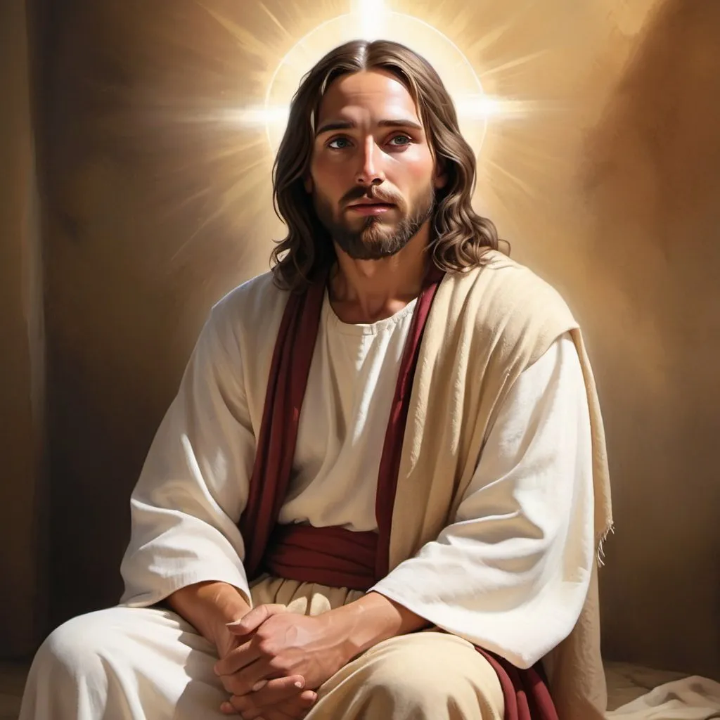 Prompt: Realistic digital painting of Jesus sitting on the left side, traditional biblical attire, serene expression, holy aura surrounding him, warm and soft lighting, high quality, realistic, traditional, serene, holy, peaceful, warm lighting