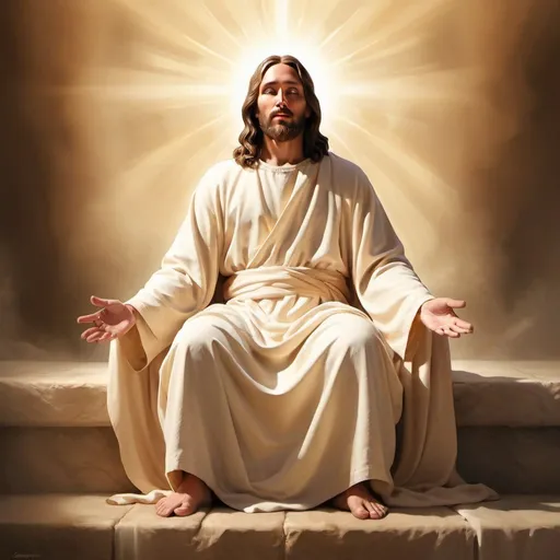 Prompt: Lower body digital art of Jesus sitting on the left side, religious, digital illustration, holy, flowing robes, peaceful expression, divine glow, warm lighting, high quality, detailed, digital art, religious art, serene, subtle colors, atmospheric lighting