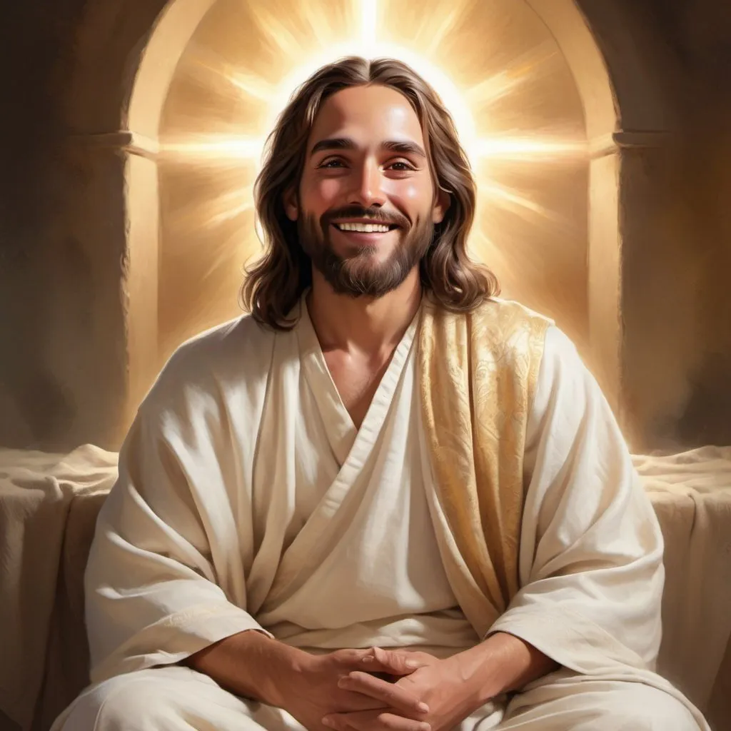 Full body digital art of Jesus with a smile sitting