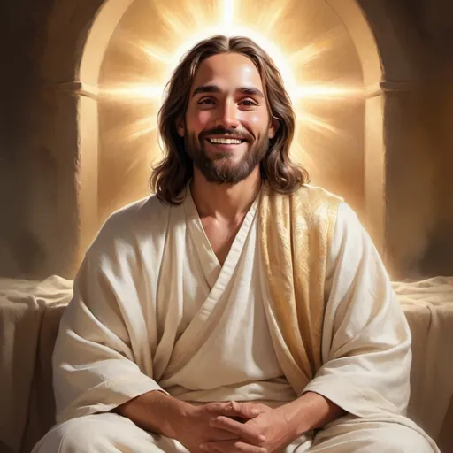 Prompt: Full body digital art of Jesus with a smile, sitting on the left side, warm and peaceful atmosphere, glowing aura, realistic painting style, serene expression, traditional robes, detailed hair and beard, tranquil background, high quality, serene, peaceful, detailed, glowing aura, realistic painting style, traditional attire, detailed expression, dignified, calm lighting