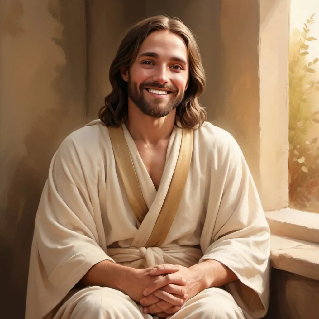 Prompt: Digital painting of Jesus with a gentle smile, full-body, high quality, warm tones, soft lighting, gentle expression, sitting on the left side, detailed hands and robes, serene atmosphere, peaceful, spiritual, professional, digital painting, warm, soft lighting, gentle smile