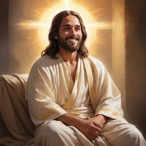Prompt: Full body digital art of Jesus with a smile, sitting on the left side, warm and peaceful atmosphere, glowing aura, realistic painting style, serene expression, traditional robes, detailed hair and beard, tranquil background, high quality, serene, peaceful, detailed, glowing aura, realistic painting style, traditional attire, detailed expression, dignified, calm lighting