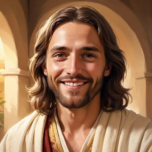 Prompt: Smiling Jesus, digital painting, detailed robe, serene background, classic art style, warm color tones, soft lighting, peaceful expression, gentle smile, traditional, serene atmosphere, high quality, detailed, classic, warm tones, gentle lighting