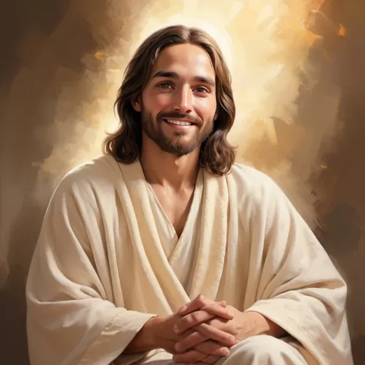 Prompt: Digital painting of Jesus with a gentle smile, full-body, high quality, warm tones, soft lighting, gentle expression, sitting on the left side, detailed hands and robes, serene atmosphere, peaceful, spiritual, professional, digital painting, warm, soft lighting, gentle smile