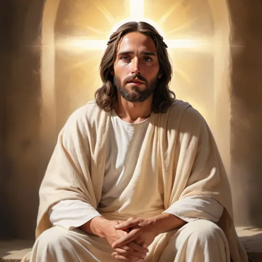 Prompt: Realistic digital painting of Jesus sitting on the left side, traditional biblical attire, serene expression, holy aura surrounding him, warm and soft lighting, high quality, realistic, traditional, serene, holy, peaceful, warm lighting