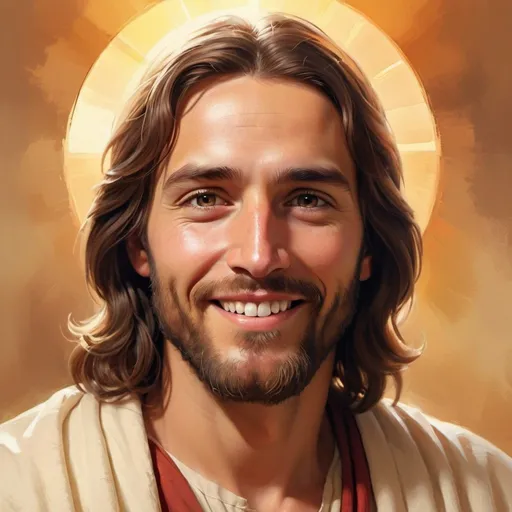 Prompt: Smiling Jesus, digital painting, serene background, warm hues, soft lighting, peaceful ambiance, high quality, detailed facial features, classic art style, warm tones, comforting aura