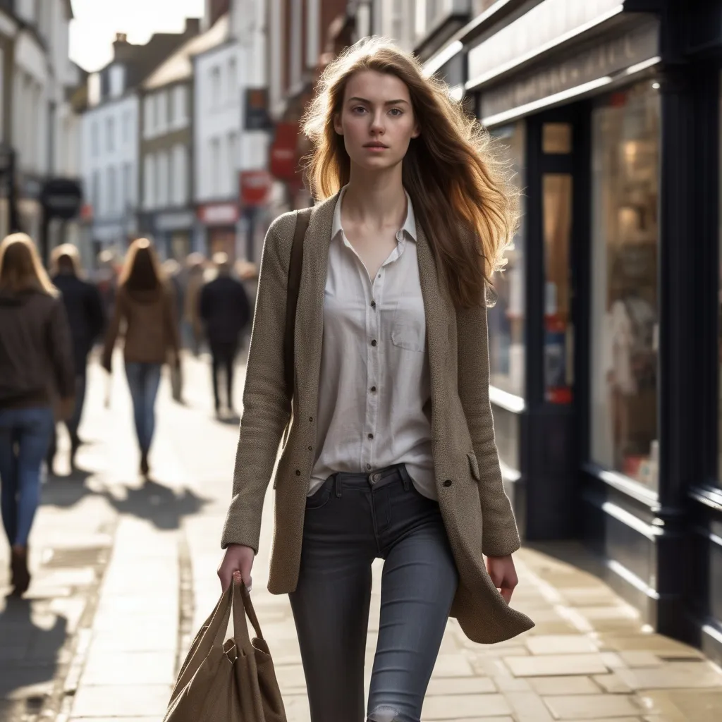 Prompt: Tall young woman walking down the high street, detailed clothing, realistic, natural lighting