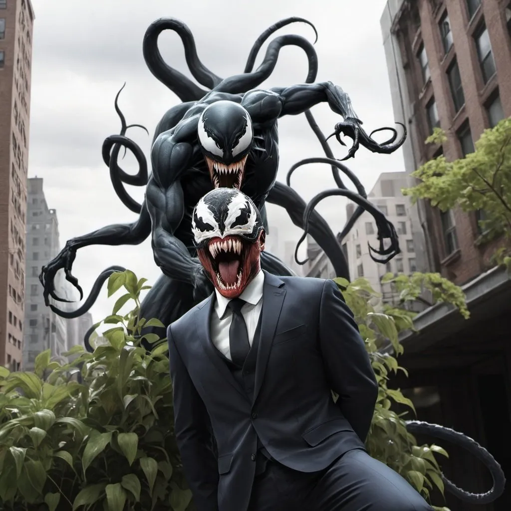 Prompt: create an image of madame man with the background of venom standing behind in the picture