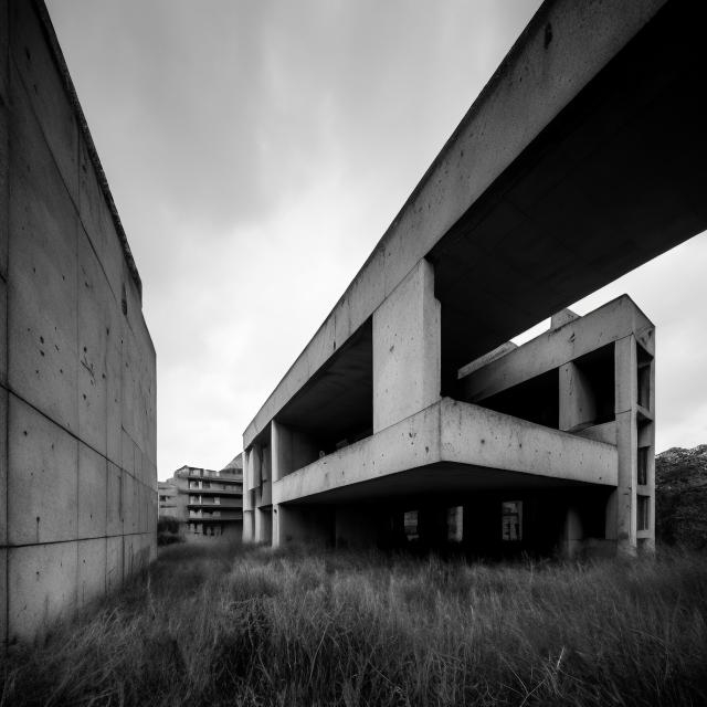 Prompt: a large brutalist architecture, wide angle, empty, overgrown, 