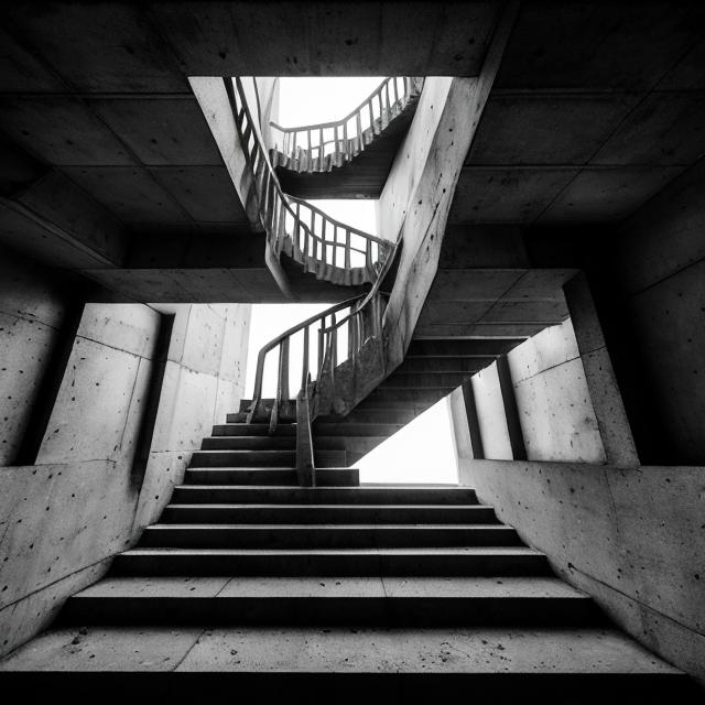 Prompt: An intricate depiction of a brutalist liminal space, characterized by stark, geometric structures and a monolithic concrete aesthetic. This liminal space features a complex network of stairs, inspired by M.C. Escher's 'Relativity,' where the stairs create an impossible, paradoxical loop, defying gravity and perspective. The scene should evoke a sense of surrealism and disorientation, blending the rigidness of brutalist architecture with the mind-bending illusion of Escher's artwork. The image should capture the eerie, transitional quality of liminal spaces, where the boundaries of physical laws are visually challenged 