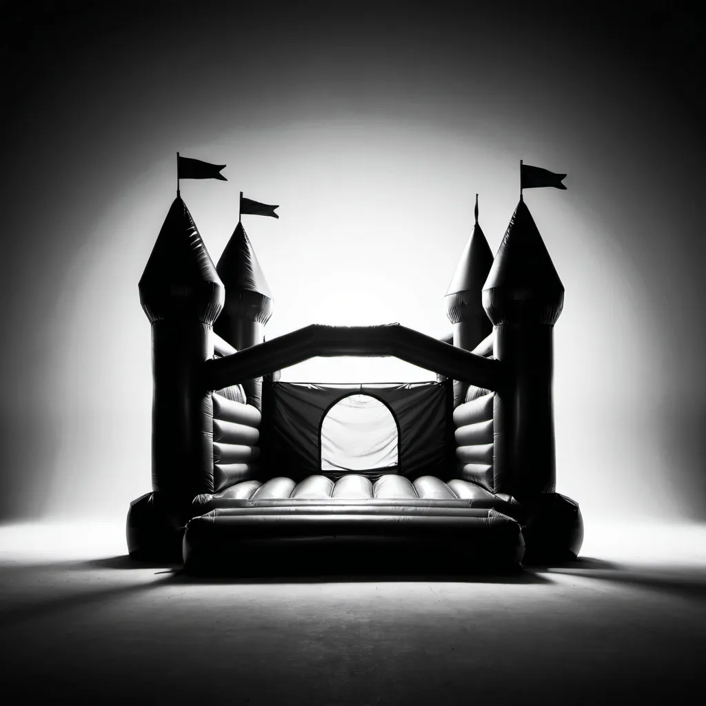 Prompt: black and white silhouette of a bounce castle