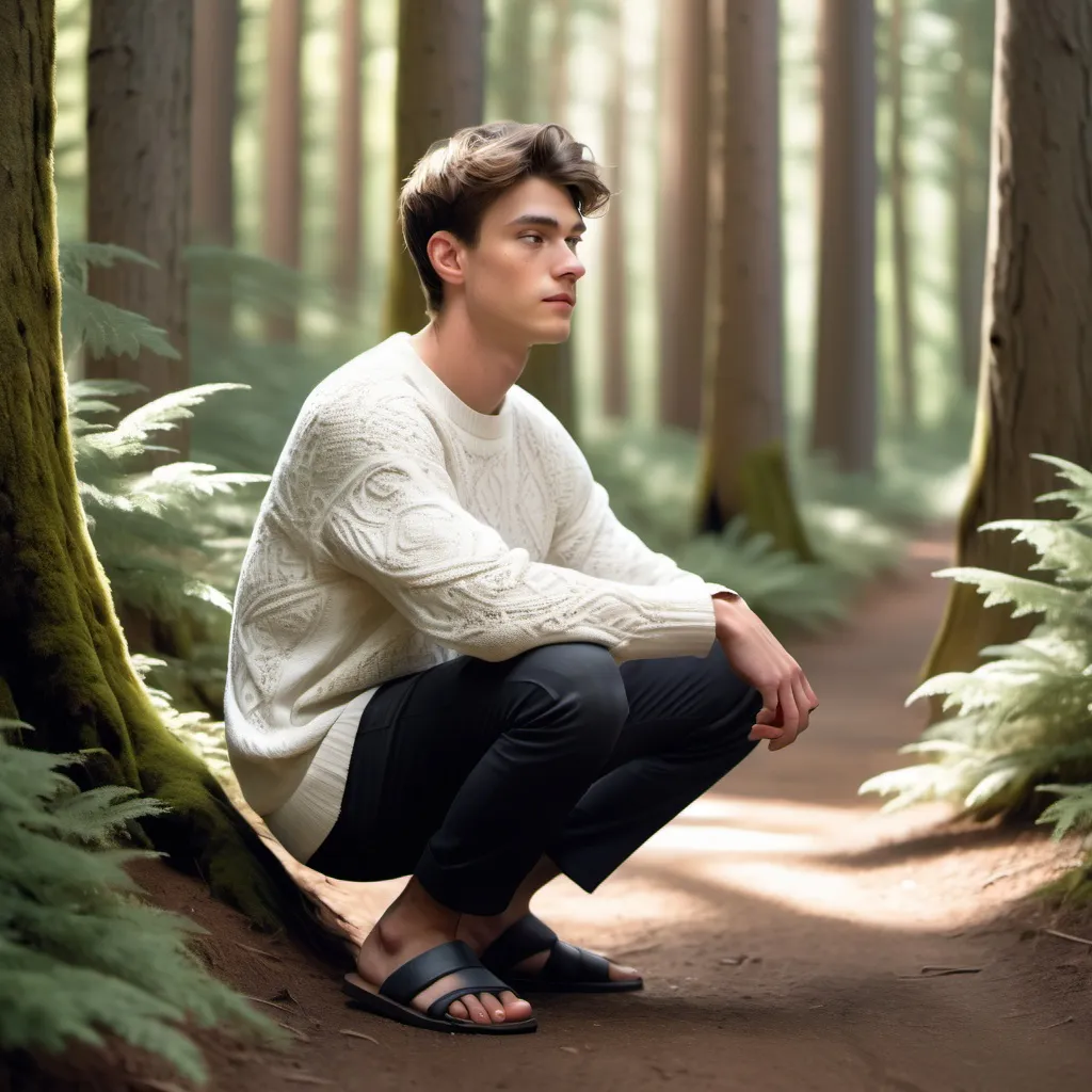 Prompt: In a serene forest setting, a young man crouches on a dirt path surrounded by towering evergreen trees, bathed in soft, dappled sunlight. He wears a white sweater adorned with subtle patterns and black pants, completing his look with casual gray sandals. His expression is contemplative as he gazes off to the side, exuding a relaxed yet thoughtful demeanor. The atmosphere is peaceful, enhanced by the gentle light filtering through the trees, creating a tranquil backdrop that emphasizes the natural beauty of the scene. Distinct textures of the ground and rocks contrast with the soft greenery, capturing a moment of quiet reflection in nature.