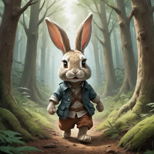 Prompt: draw a brave rabbit wandering in the forest