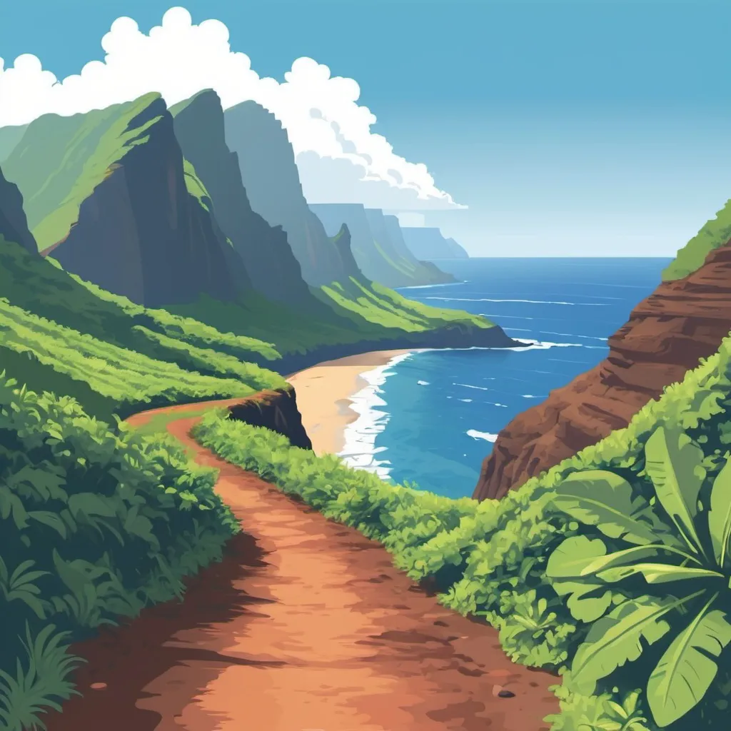 Prompt: Napali coast hiking trail with the ocean view on the far right. Vector style