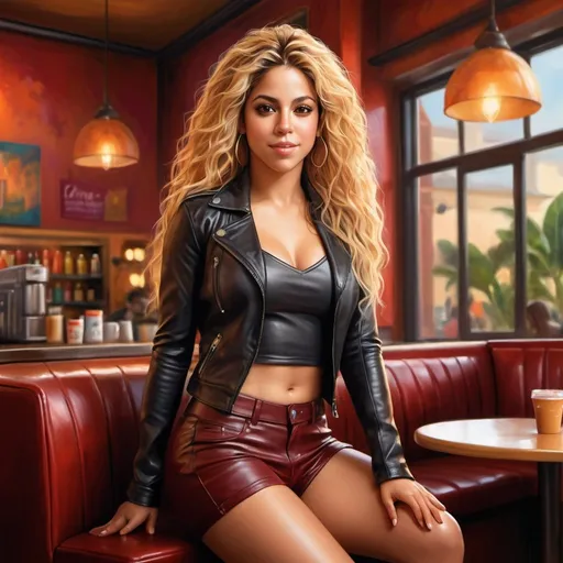 Prompt: Realistic digital illustration of Shakira in full leather outfit, showcasing curves in a vibrant cafe, high-end digital painting, detailed facial features, luscious leather textures, sensual pose, warm and cozy lighting, vibrant colors, realistic, digital painting, leather textures, sensual pose, vibrant cafe setting, detailed curves, professional, cozy lighting
