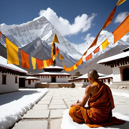 Prompt: 

*"Create a majestic and mystical scene set high in the snow-covered peaks of the Himalayas, where the Gyaan Shikhar Monastery stands. The monastery's architecture should be ancient and spiritual, with orange and yellow prayer flags fluttering in the wind.

In the open courtyard, a young monk (Veer) sits in a meditative pose, but his expression shows inner unrest as if sensing an invisible force vibrating through the air. Around him, a soft green energy wave swirls, indicating a spiritual connection.

Near the steps of the monastery, an elderly monk (Arya), dressed in deep green and yellow robes, stands with a serious and wise expression. Her posture conveys urgency, as if she is summoning Veer for an important mission.

The atmosphere is filled with a mystical glow, where the sky above has dense clouds infused with streaks of orange and red light, suggesting an impending cosmic event.

The entire scene should feel mystical, spiritual, and epic, using only bright natural colors—red, orange, yellow, and bright green. No other colors should be present."*


