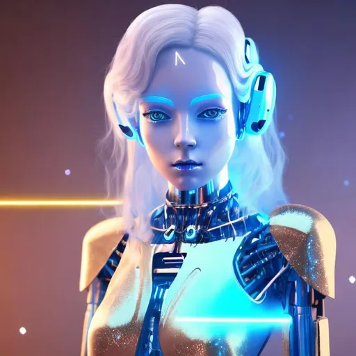 Prompt: Dressed like a very young Robotic Pleiadian Nordic blonde from the Galactic Federation of Light, gold armor,wearing silver blue lipstick,high resolution, 3D render, style of cyberpunk, gold and neon background 