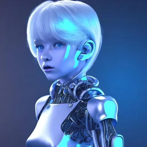 Prompt: Dressed like a very young cute Robotic Pleiadian Nordic blonde girl from the Galactic Federation of Light, wearing silver blue lipstick,high resolution, 3D render, style of cyberpunk 