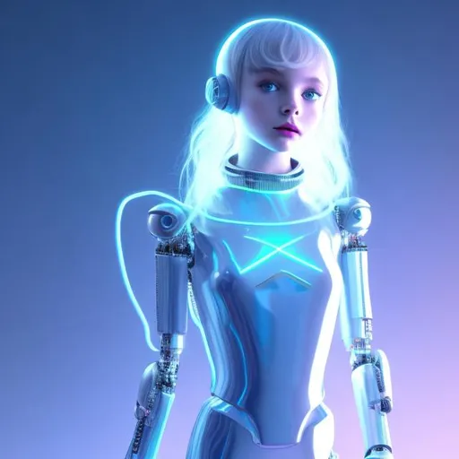 Prompt: Dressed like a very young cute Robotic Pleiadian Nordic blonde girl from the Galactic Federation of Light, wearing silver blue lipstick,high resolution, 3D render, style of cyberpunk, neon computer chips background, full body view 