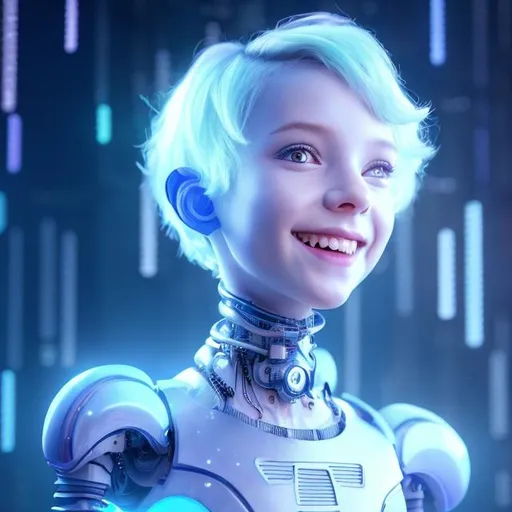 Prompt: Smiling,Very Short Hair,Dressed like a very young cute Robotic Pleiadian Nordic blonde girl from the Galactic Federation of Light, wearing silver blue lipstick,high resolution, 3D render, style of cyberpunk in 1899, neon computer chips background, full body view from above