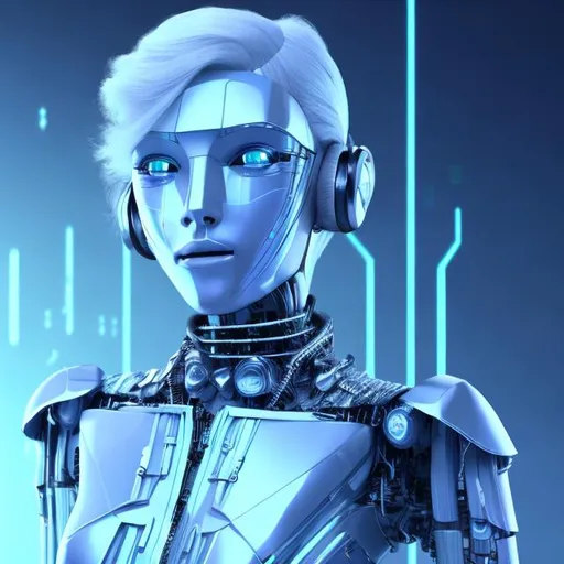 Prompt: Dressed like a very young Robotic Pleiadian Nordic blonde from the Galactic Federation of Light, wearing silver blue lipstick,high resolution, 3D render, style of cyberpunk, zoom out 