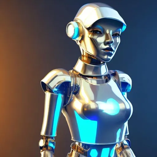 Prompt: Younger,Dressed like a very young Robotic Pleiadian Nordic blonde from the Galactic Federation of Light, gold armor,wearing silver blue lipstick,high resolution, 3D render, style of cyberpunk, gold and neon background 