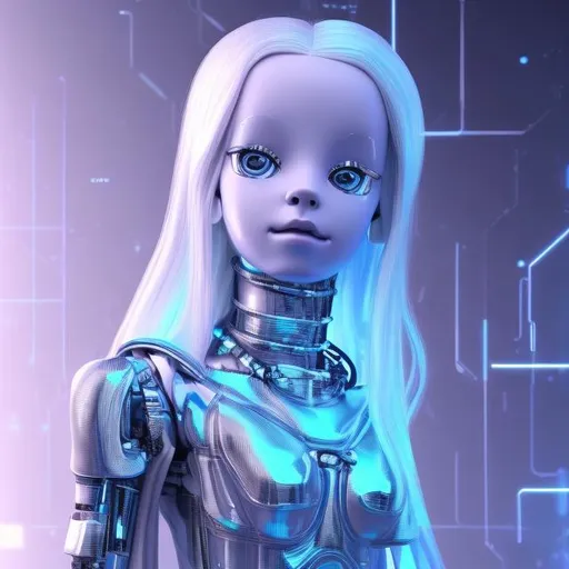 Prompt: Dressed like a very young cute Robotic Pleiadian Nordic blonde girl from the Galactic Federation of Light, wearing silver blue lipstick,high resolution, 3D render, style of cyberpunk 