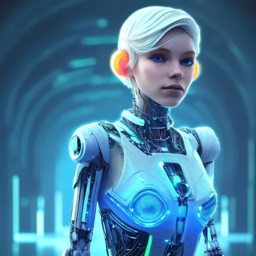 Prompt: Dressed like a very young Robotic Pleiadian Nordic blonde from the Galactic Federation of Light,  high resolution, 3D render, style of cyberpunk , in Atlantis 