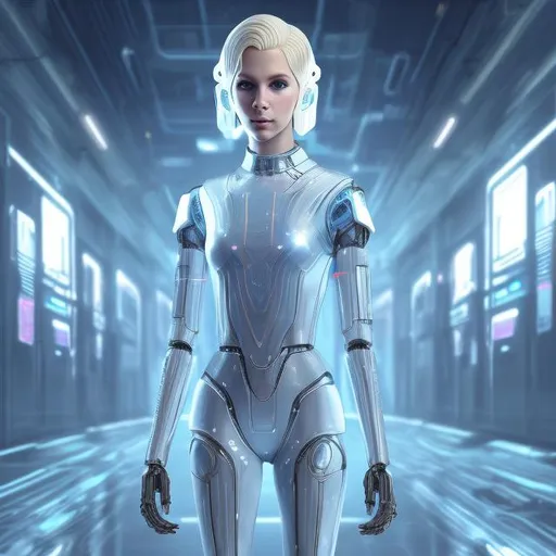 Prompt: Dressed like a young Robotic Pleiadian Nordic blonde from the Galactic Federation of Light,  high resolution, 3D render, style of cyberpunk 