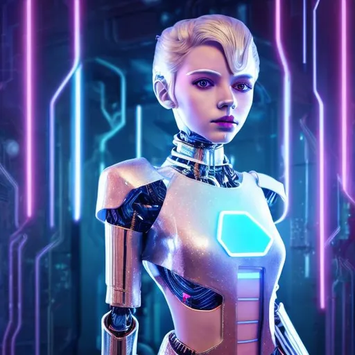 Prompt: Dressed like a very young Robotic Pleiadian Nordic blonde from the Galactic Federation of Light, gold armor,wearing silver blue lipstick,high resolution, 3D render, style of cyberpunk, gold and neon signs in background 