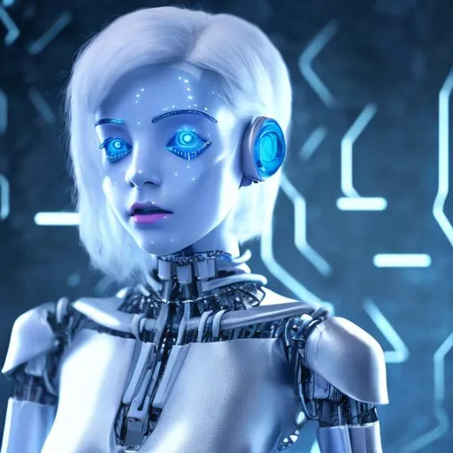 Prompt: Dressed like a very young Robotic Pleiadian Nordic blonde from the Galactic Federation of Light, wearing silver blue lipstick,high resolution, 3D render, style of cyberpunk, zoom out 