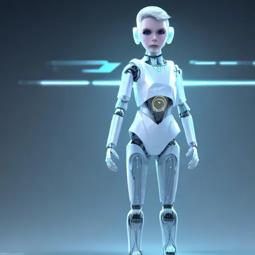 Prompt: Dressed like a very young Robotic Pleiadian Nordic very short haired blonde from the Galactic Federation of Light,  high resolution, 3D render, style of cyberpunk 