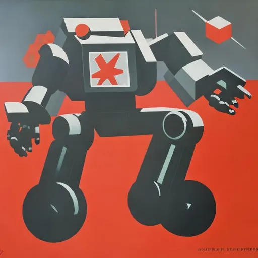 Prompt:   Soviet abstract 1985 painting, crisp, robotic systems, Cyrillic A, revolution of the robots